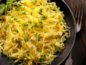 Cooked spaghetti squash is a wonderful choice for the Farr Better Creamy Mushroom Stroganoff recipe
