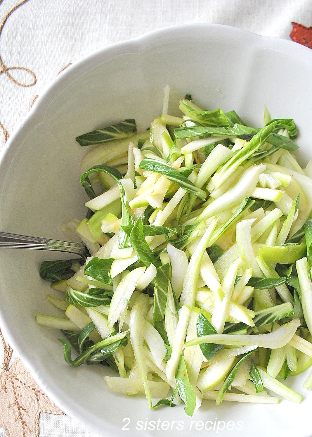 Thinly slice bok choy. From 2 sisters recipes