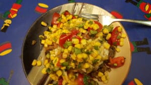 Farr Better Low Carb Veggie Burger recipe with Farr Better Corn Salza on top