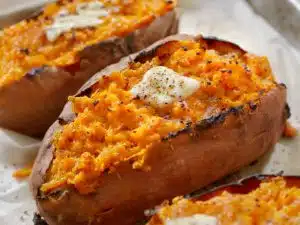 Baked sweet potato as a side dish to the Farr Better Low Carb Veggie Burger