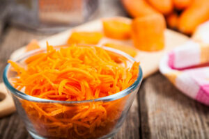 Shredded carrots used for the Baked Tortilla Bowls with Chipotle Chickpea Salad