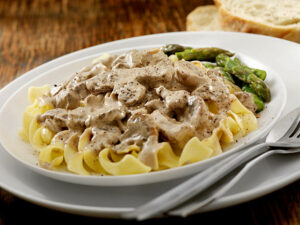 Pour your delicious.Farr Better Creamy Mushroom Stroganoff on top of your noodle/starch choice.